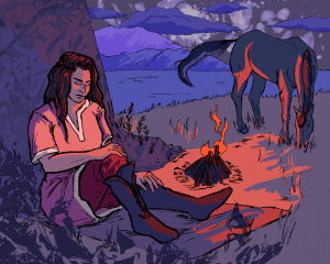 Digitally painted picture of a woman leaning against a tree while her horse grazes and a fire glows. 
